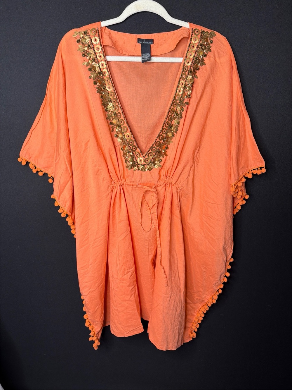 Moda Internacional 100% Cotton Embroidered V-Neck Orange Women's Tunic Top
